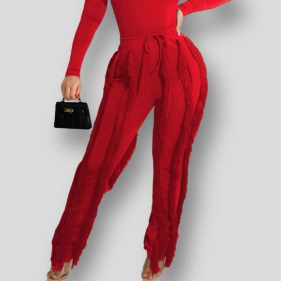 Red Fringe stretch pant high waist sz L MINA MONROE W/tag party elegant festival - Picture 1 of 5